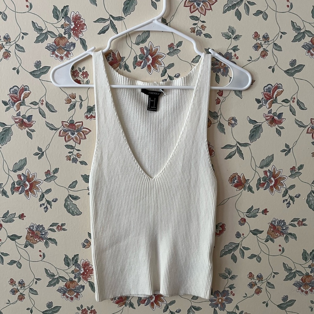 White Ribbed V-Neck Tank Top